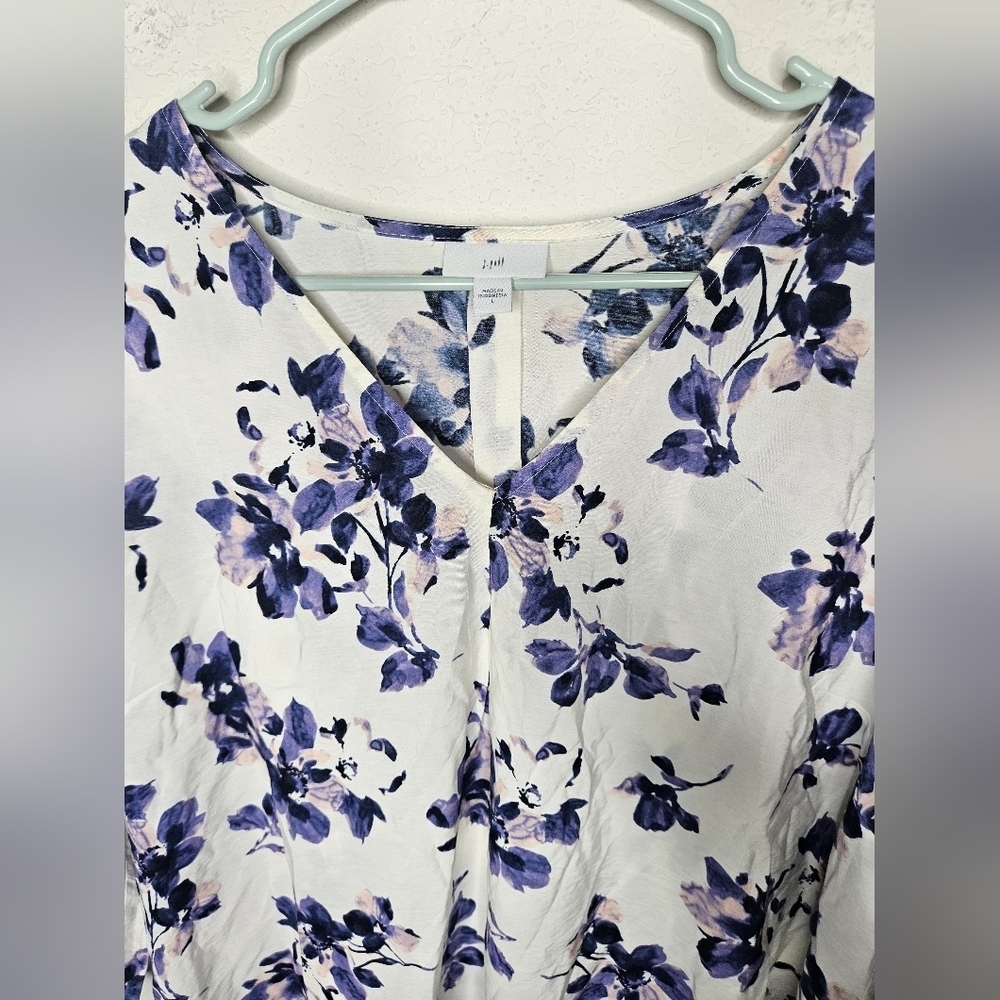 J. Jill Oversize Lagenlook Purple Blue Floral Long Sleeve V-Neck Lightweight Top - Picture 6 of 12